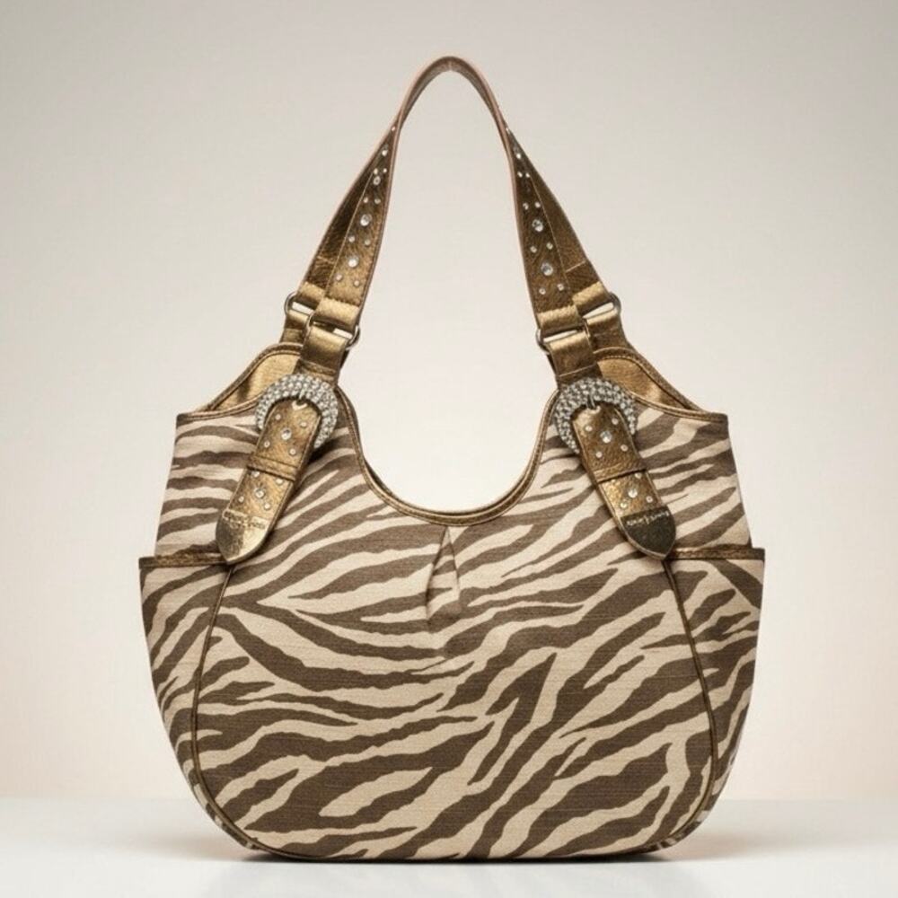 Vintage Y2K Hot in Hollywood Zebra Animal Print bling Large Tote Shoulder Bag